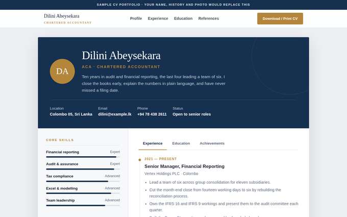 Screenshot of the Dilini Abeysekara — CV template