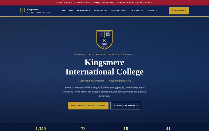 Screenshot of the Kingsmere International College template